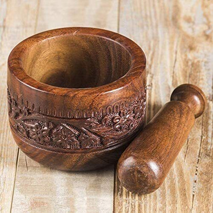 Handmade Natural Wooden Mortar & Pestle Mixing Grinder Set Garlic Press Kitchen