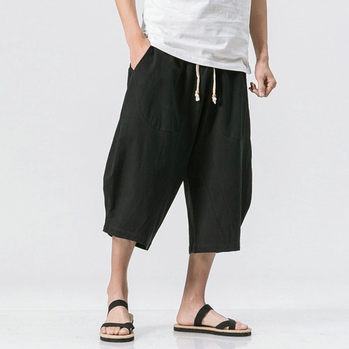 Man Cotton Linen Leg Pants Loose Calf-Length Pants Bloomer Summer Baggy Trousers