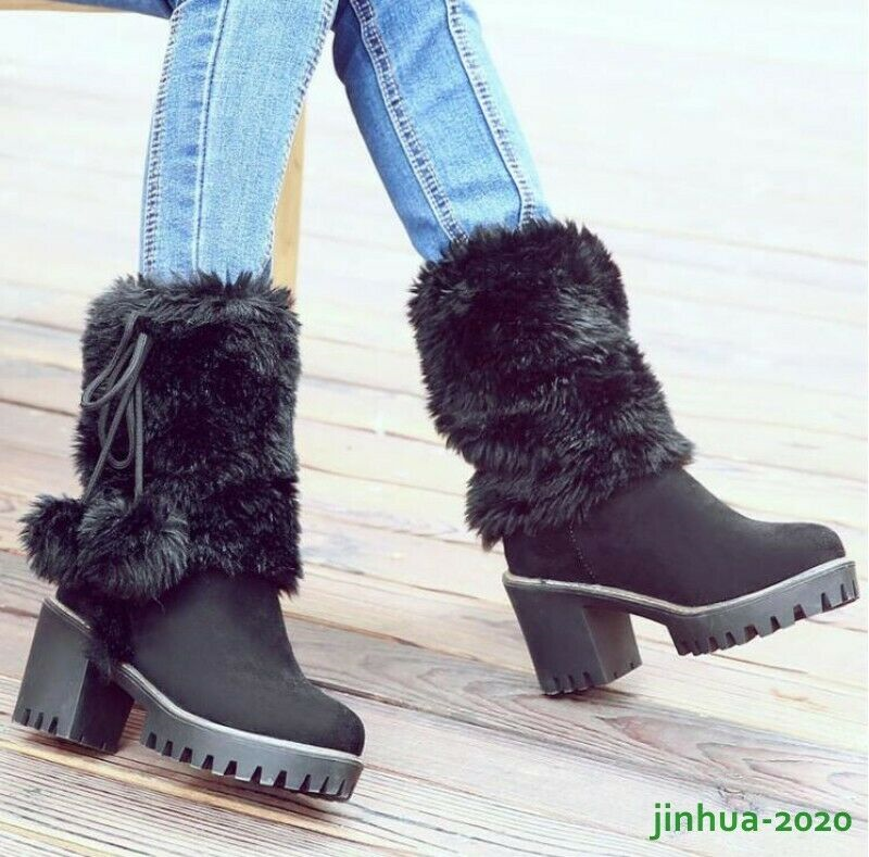 Winter Womens Girl Warm Fur POMPOM Snow Boots Block High Heels Shoes Ankle Boots