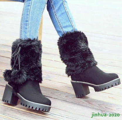 Winter Womens Girl Warm Fur POMPOM Snow Boots Block High Heels Shoes Ankle Boots