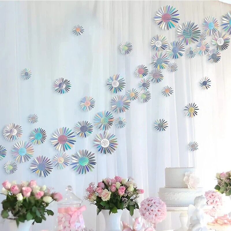 Holographic Daisy Wall Stickers 40Pcs PVC Iridescent 3D Flowers Removable Decals