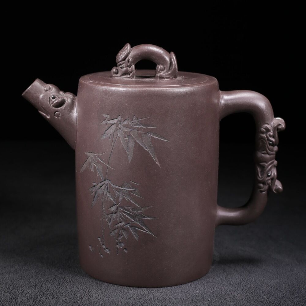 vintage chinese yixing purple clay teapot zisha ceremony carving bamboo tea set