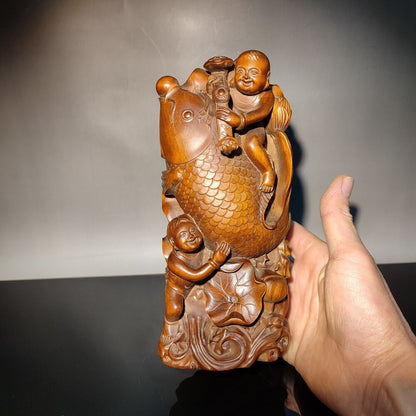 7" happy children big fish lotus flower statue figures home decor carving carved