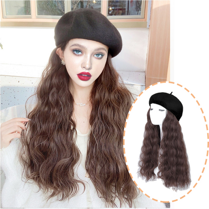 Women's Beret Wig Synthetic Long Wave Curly Hat Wig Hat One-piece Wig Keeps Warm