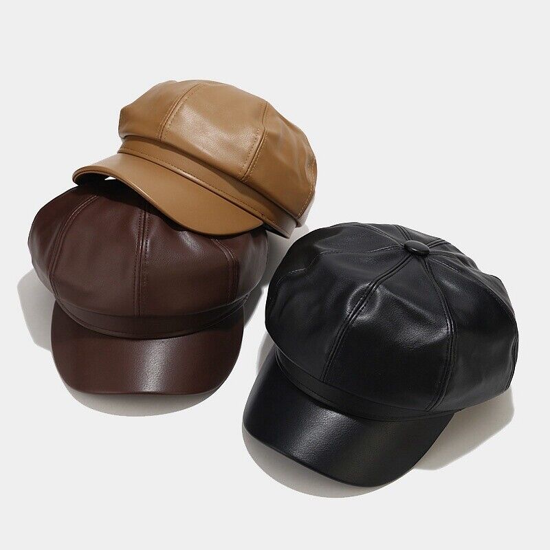 Lady Girl Newsboy Gatsby Beret Baker Boy Hat Cap Sheepskin Leather Vintage Black