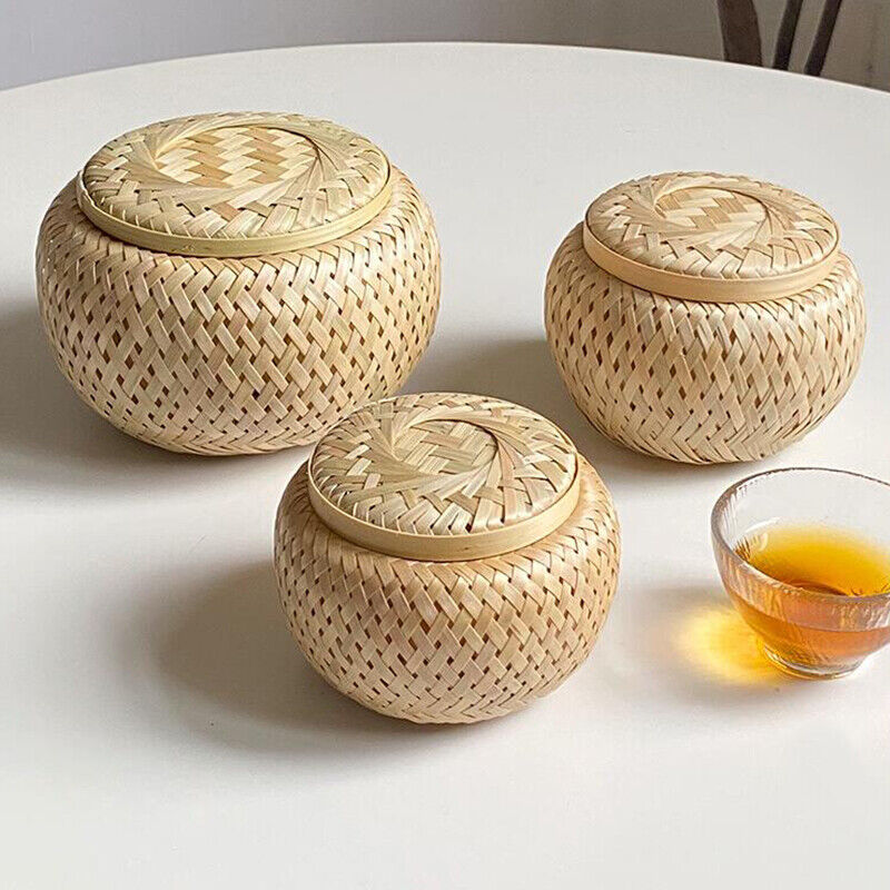 Bamboo Storage Basket with Cover Handmade Tea Woven Basket Tabletop Storage Box