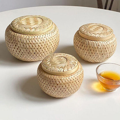 Bamboo Storage Basket with Cover Handmade Tea Woven Basket Tabletop Storage Box