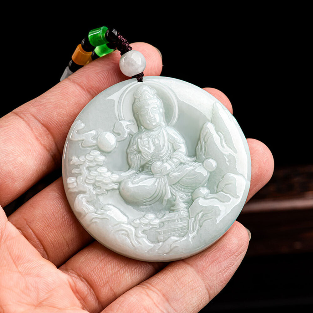 New Natural 100% Jade Grade A Jadeite Lucky Mountain Guanyin Buddha Pendant
