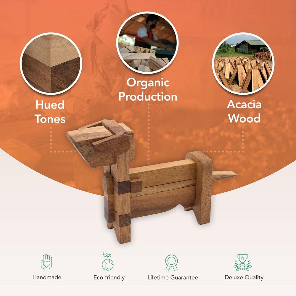 Handmade Wooden Puzzle Dog Themed Interlocking 3D Brain Teaser Desk Accessory