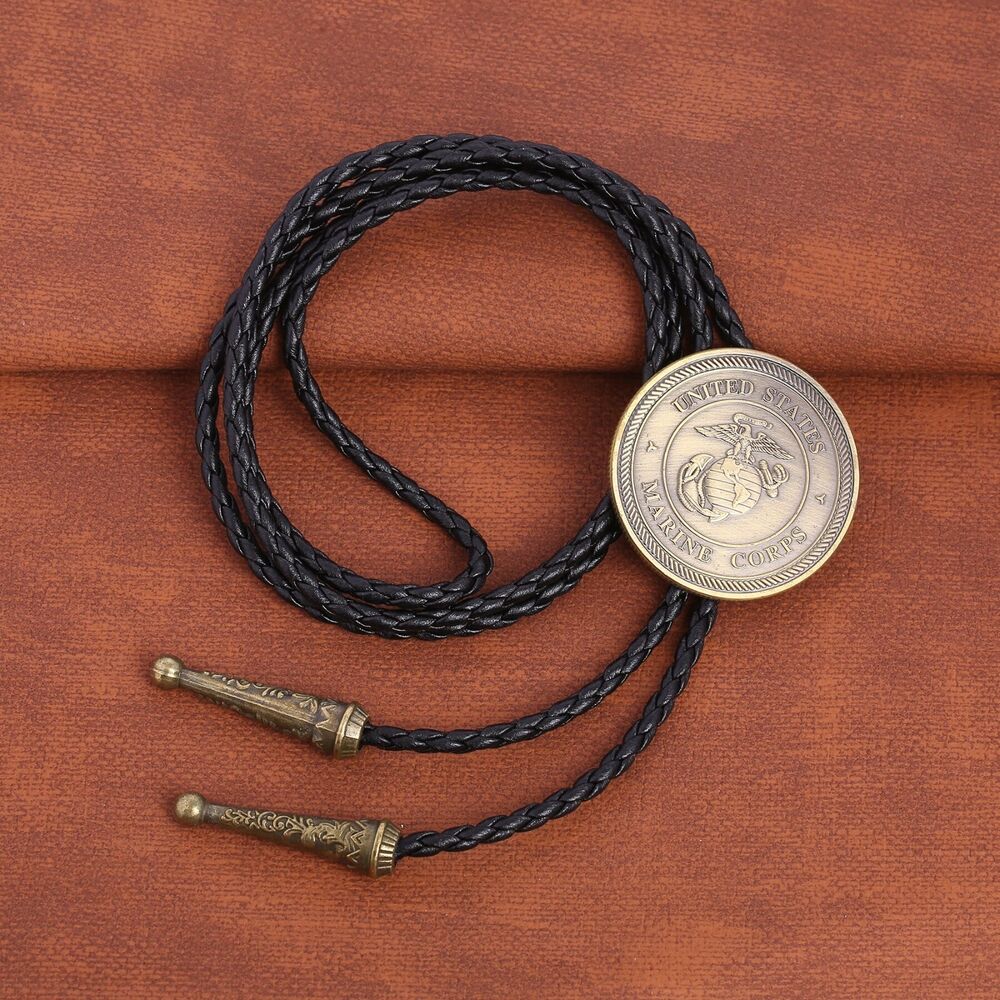 Men Bolo Tie Leather Chain Fashion United States Marine Corps Bronze Bow Necktie