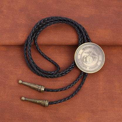 Men Bolo Tie Leather Chain Fashion United States Marine Corps Bronze Bow Necktie