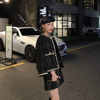 Plaid Tweed Jacket Coat + Mini Skirt Set Women 2 Piece Set Outfits Tracksuit