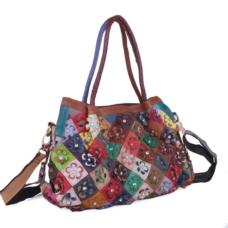 New Genuine Leather Colorful Floral Patchwork Handbag Women's Tote Shoulder Bags