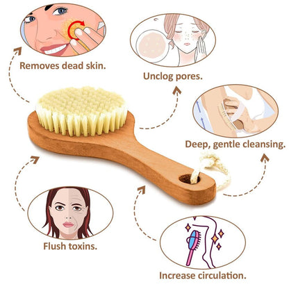 Vegan Dry Brushing Body Brush with Traval Bag Natural Bristles & Wooden Handle