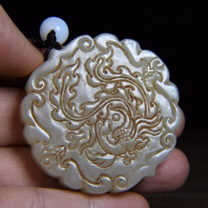 Chinese Natural Hetian Jade Carved Dragon Phoenix Statue Lucky Pendants Jewelry