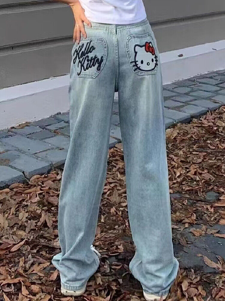 Hellokitty Embroidered Jeans Women's High Waist Loose Straight Pants