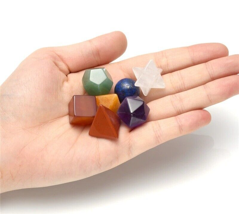 7 Chakra Crystals Platonic Energy Gemstones Reiki Healing W/ Black Obsidian Base