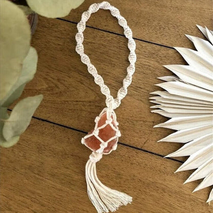 Macrame Wall Hanging Himalayan Salt Rock Raw Rose Quartz Stone Car Home Ornament