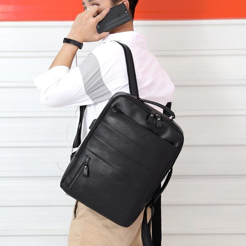 Backpacks Men PU Laptop Bag USB Charging Rucksack Male Bagpack