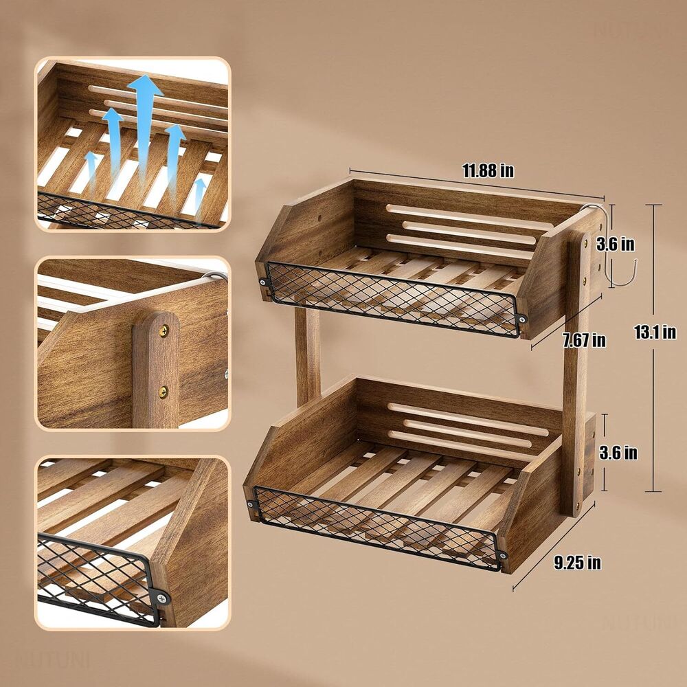 Fruit Basket for Kitchen with Banana Hanger Wooden Counter Storage Decor 2 Tier