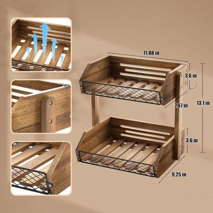 Fruit Basket for Kitchen with Banana Hanger Wooden Counter Storage Decor 2 Tier