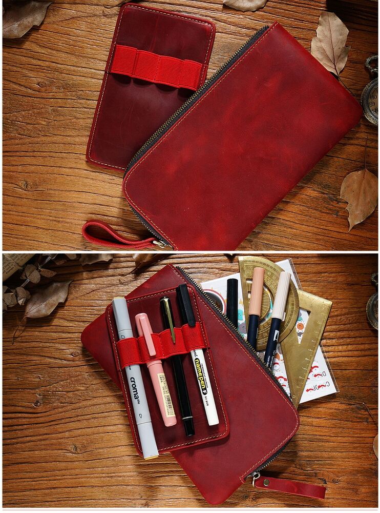 Handmade Cowhide Leather Fountain Pen Case, Pencil Case Stationery Storage Bag