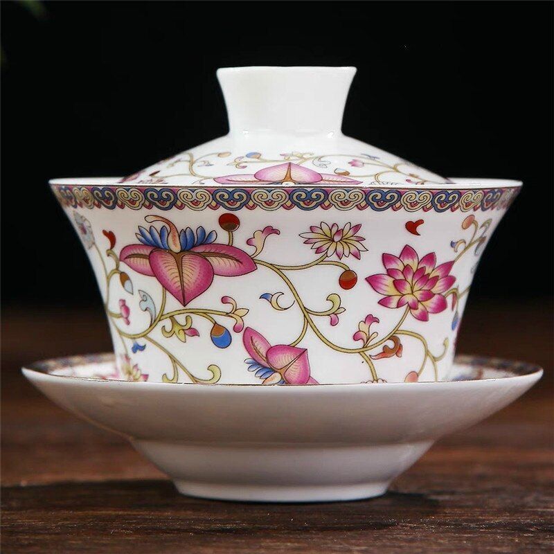 Luxurious Porcelain Ceramic Gaiwans Flower Designed Tea Cups And Saucers Set New