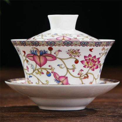 Luxurious Porcelain Ceramic Gaiwans Flower Designed Tea Cups And Saucers Set New