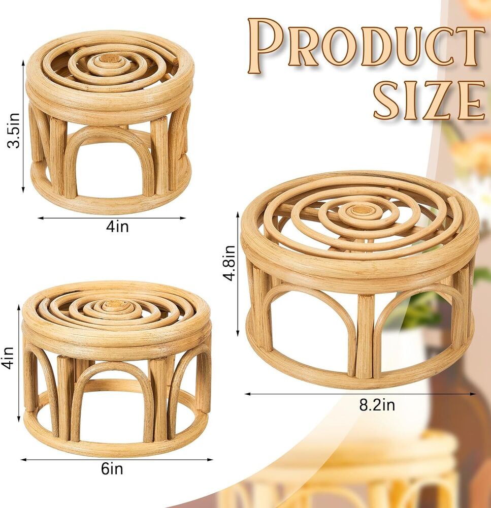 Woven Rattan Plant Stand Wicker Riser Stand Indoor Outdoor Home Decor Set of 3