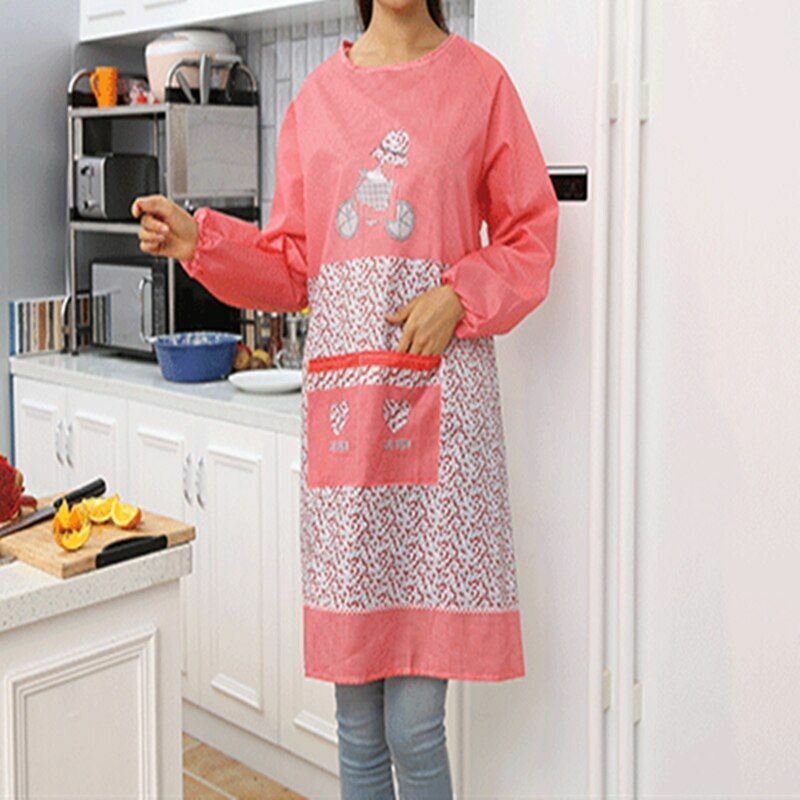 Women Kitchen Apron Long Sleeve Cooking Baking Workwear Bib Polyester 68x46x30cm