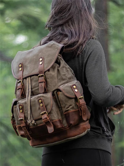 Military Retro Waterproof Oil Wax Canvas Backpack Large Capacity Man's Rucksack