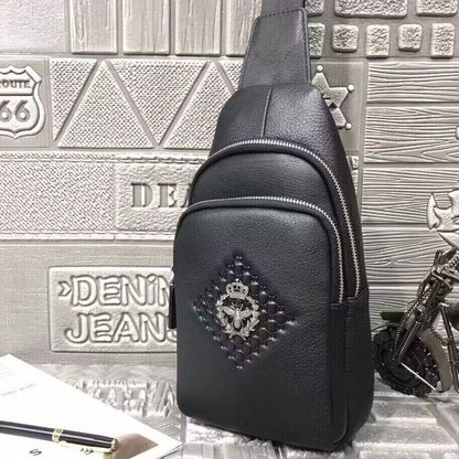 Soft Cow Leather Black Crossbody Chest Bag Hiking Sling Backpack Shoulder Bag