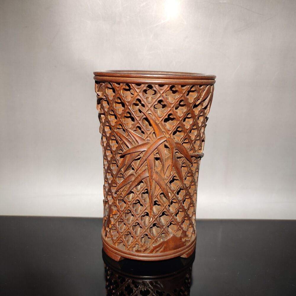 chinese bamboo carving antique carved brush pot pen case wood statue bamboo leaf