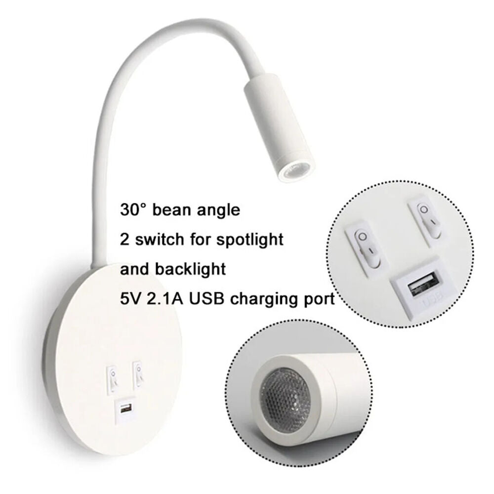 Wall Sconces Plug In Cord Gooseneck W/ USB Port Switch Backlight Night Wall Lamp