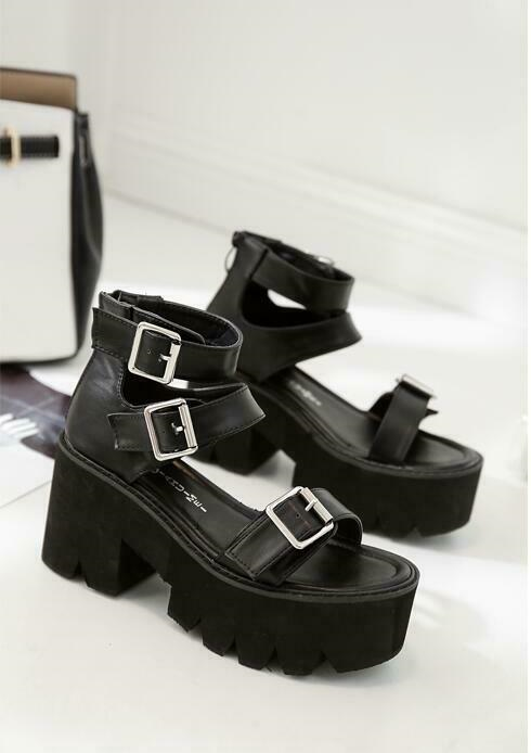 Occident Womens Roma Punk Gothic Open Toe Sandals Chunky Heels Platform Shoes
