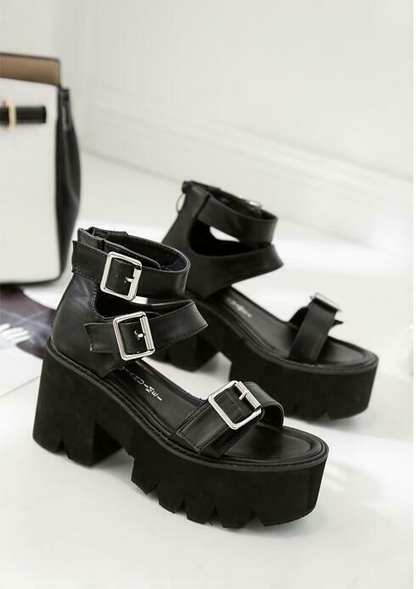 Occident Womens Roma Punk Gothic Open Toe Sandals Chunky Heels Platform Shoes