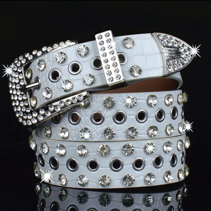 Women Leather Belt Rhinestone Fashion Men Casual Bling Jeans Waistband 110x3.3cm