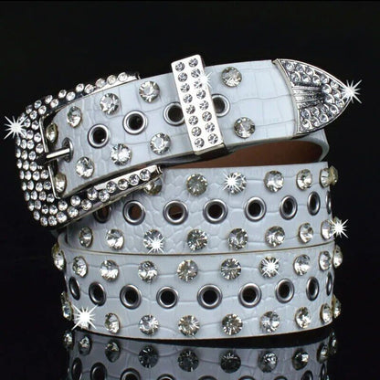 Women Leather Belt Rhinestone Fashion Men Casual Bling Jeans Waistband 110x3.3cm