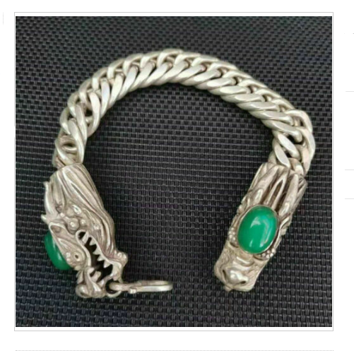 Collectible China Green Jade Tibet Silver Handwork Auspicious Dragon Bracelet