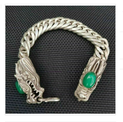 Collectible China Green Jade Tibet Silver Handwork Auspicious Dragon Bracelet