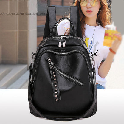 Large Capacity Black PU Leather Backpack Shoulder Bag Travel Rucksack Handbag