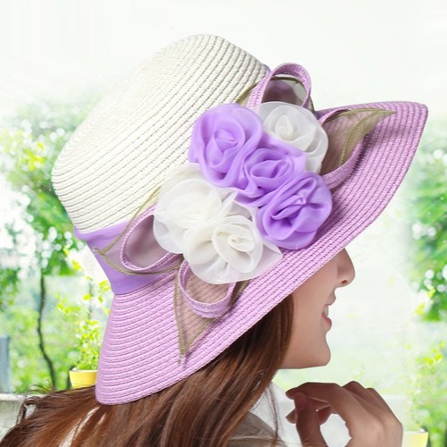 New Wide Brim Sun Hat Woman Straw Sun Cap Flower Sun Beach Outside Travel Cap