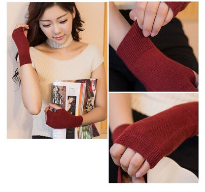 Women Winter Gloves Cashmere Knitted Cotton Fingerless Warm Stretch Half Mittens
