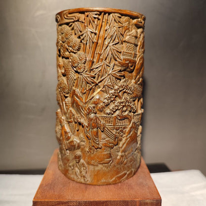 chinese carved brush pot pen case statue wood carving piano party story Study