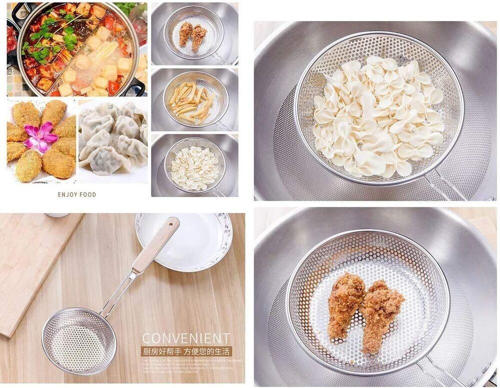 Stainless Steel Skimmer Strainer with Wooden Handle Pasta Noodle Net Kitchen
