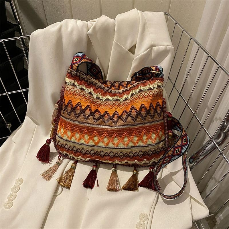Retro Cross Body Bag Ethnic Tassel Shoulder Bag Large Capacity Tote for Women