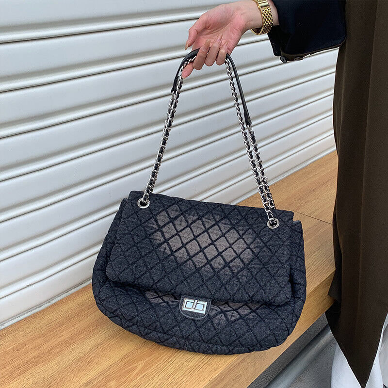 Medium/ Large Quilted Denim Shoulder Bag Flap Purse Handbag w/ Chains Tote Hobo