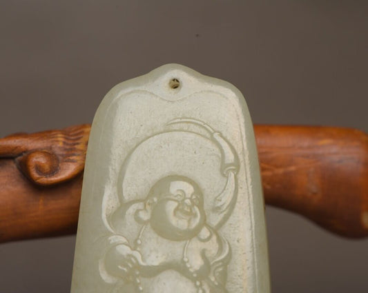 Chinese Natural Hetian Jade Carved Laughing Buddha Statue Good Luck Pendant Rare