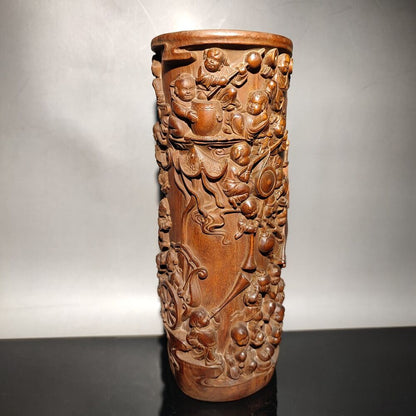 chinese children play kite statue desk study wood brush pot wooden decor carved
