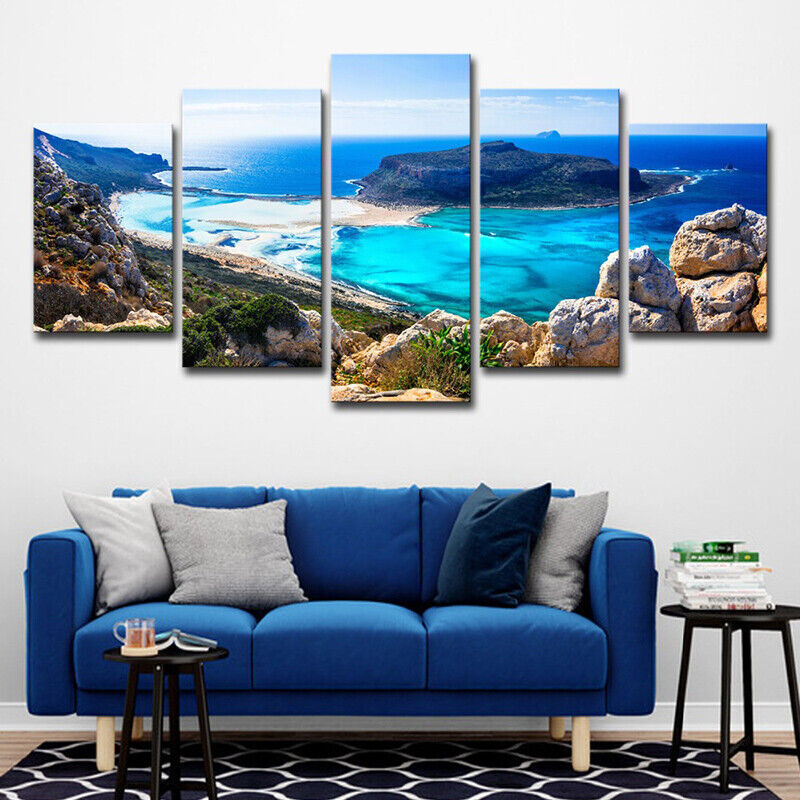 Blue Ocean Island Sea Beach Rocks Canvas Prints Painting Wall Art Home Decor 5P